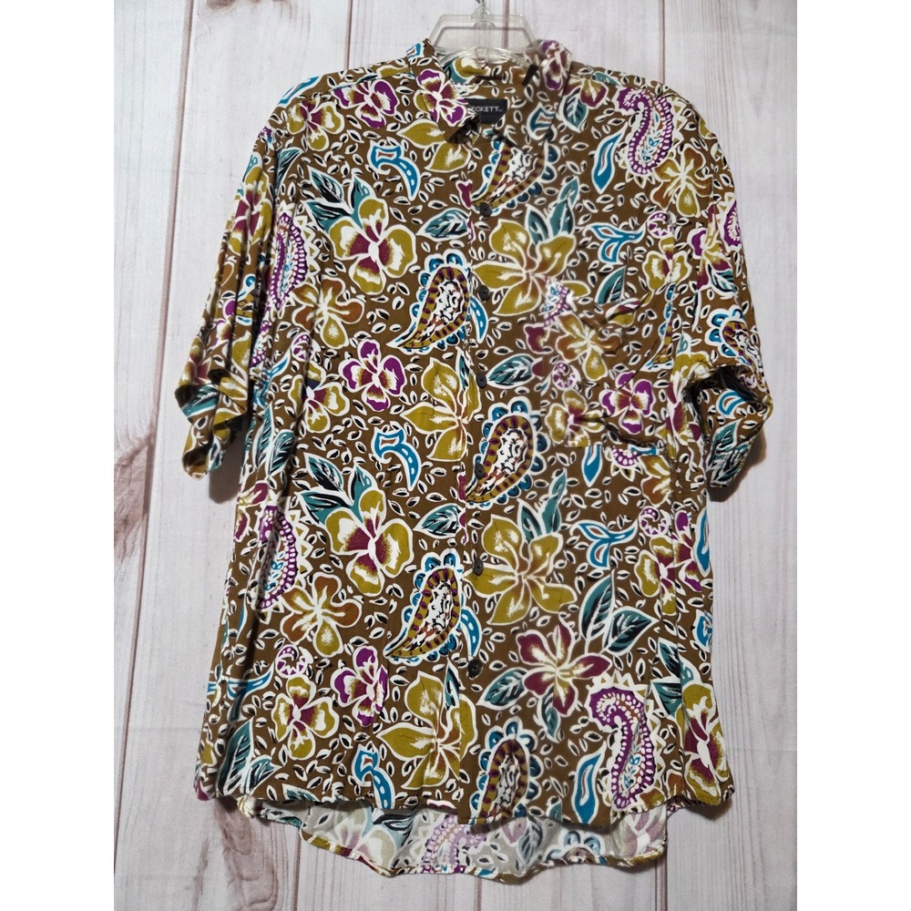 JT Beckett Mens Large Floral Paisley Short Sleeve Button Up Shirt Brown Vintage